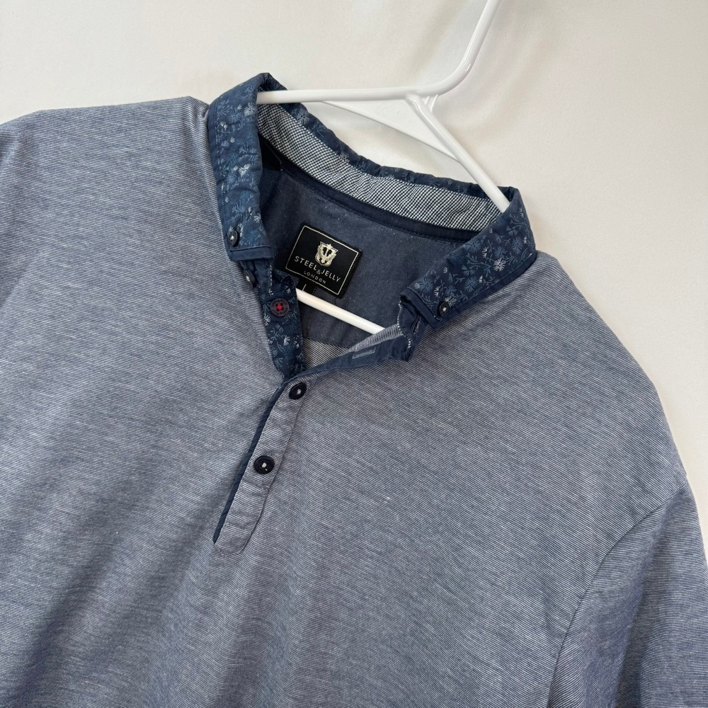 Steel & Jelly London Mens Large Blue Marl Polo Shirt Floral Collar Short Sleeve
